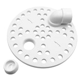6-5-inch plastic floor drain cover with four ports for flexible fittings.