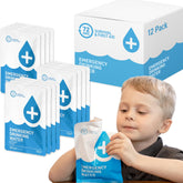 72 HRS emergency water pouches in a 12-pack, ideal for preparedness and quick hydration.