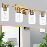 A1A9 brushed brass 4-light vanity with clear glass shade illuminating mirrors elegantly