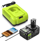Abeden Ryobi 18V battery with USB charger setup powering tools on site.