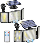 ABODONG three-head solar flood light provides broad area coverage for yards and entrances.
