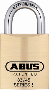 ABUS 83/45 brass padlock with compact profile for toolbox and gates.
