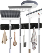AceMining broom holder wall-mounted with four hooks for tidy entryway organization