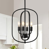 ACNKTZ black chandelier with oval frame over a dining table for ambient dining lighting