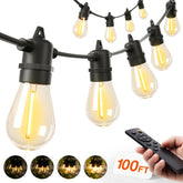 Addlon 100ft LED outdoor string lights with bulbs creating warm backyard ambiance