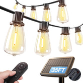 Addlon 35ft solar string lights over a backyard for warm ambience and energy savings.