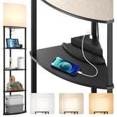 Addlon 5-Tier Corner Shelf Lamp front view with USB and outlet for charging devices.