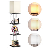 Addlon floor lamp with shelves front view, stylish storage and ambient lighting for living rooms.