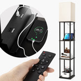 Addlon shelf floor lamp with USB ports and outlet for charging devices.