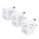 Addtam Type G travel plug front view with 3 outlets and 3 USB ports for simultaneous charging