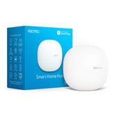 Aeotec Smart Home Hub front view with compact design for clutter-free setup.