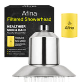 Afina filtered shower head close-up showing KDF-55 filtration for cleaner water.