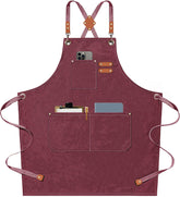 AFUN chef apron full view in dark red showing generous chest to knee coverage