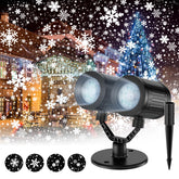 afzdby Christmas Snowflake Projector outdoors projecting four distinct snowflakes for festive facade decor
