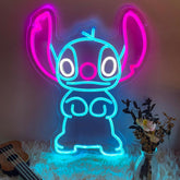 AGOODTO Stitch LED neon wall light with pink accents for cozy bedroom ambiance