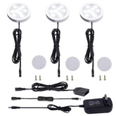 AIBOO 12V under-cabinet kit with three slim puck lights for bright counter illumination.