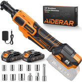 AIDERAR 20V brushless ratchet wrench 3/8 drive close-up for tight spaces.