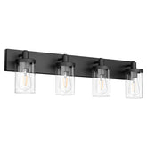 Aipsun 4-light matte black vanity with clear glass shades enhances bathroom task lighting.
