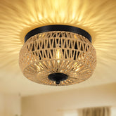 Aivvus 3-Lights Woven Rattan Flush Mount closeup shows hand-woven shade for warm ambient lighting.