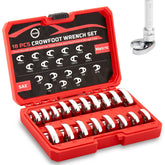 AKM 18-piece crowfoot wrench set in organized case for durable professional use.