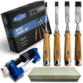 Alec Tools wood chisel set with honing guide for precise carving.