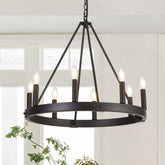 Alolvios 8-light wagon wheel chandelier over dining table adds warm ambience