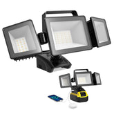 ALUSSO LED work light shown with DeWALT 20V compatibility for cordless operation.