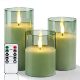 Amagic green glass flameless candle with remote for easy control and safe ambiance.