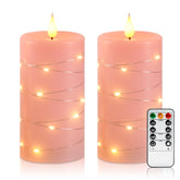 Amagic pink flameless candles with string lights for a cozy, romantic glow.
