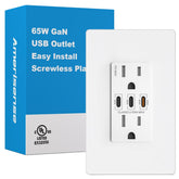 Amerisense GaN 65W outlet front view with three USB-C ports for versatile charging.