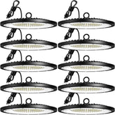 Amico 200W UFO high bay light, front view, durable illumination for warehouses.
