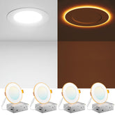 Amico 4-pack 4-inch LED recessed downlight with night light emitting a soft amber glow for nighttime ambiance.