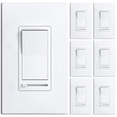 Amico 6-pack dimmer switches in white, front view for wall installation.