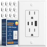 Amico 6-0A USB outlet close-up showing 2 USB-C and 1 USB-A ports for versatile charging.