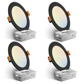 Amico four-pack 6-inch black ultra-thin LED downlights with junction box for easy ceiling install.