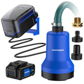 AMPFORCE 20V cordless submersible pump close-up showing compact design for flexible water transfer