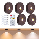 Angestlite woodgrain rechargeable puck light on cabinet for subtle kitchen illumination