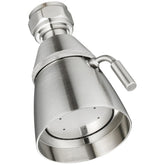 Angle Simple brass shower head with full-flow spray for spa-like rinsing.