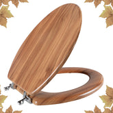 Angol Shiold elongated seat in natural wood with hinges for a secure fit.