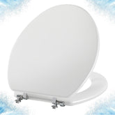 Angol Shiold White Round Toilet Seat with wooden enamel finish for a timeless bathroom look.