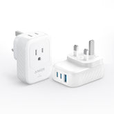 Anker travel adapter Type G UK front view with dual outlets and USB ports