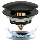 Anlige bathtub drain stopper in matte black close-up, showing durable brass construction.
