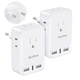 AnnTane 2-pack European travel adapter with four outlets and USB ports for multi-device charging
