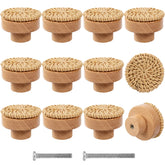 ANPHSIN boho wood dresser knob with rattan detail adds natural texture to cabinetry.