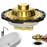 Anylock universal bathtub drain stopper with visible top basket for debris collection.