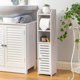 AOJEZOR Toilet Paper Holder Stand top shelf stores essentials in a compact bathroom.