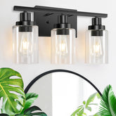 Apenath 3-light vanity light with matte black finish above mirrors for a refined look.