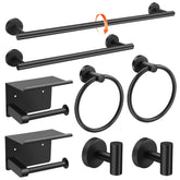 APerfectLife matte black 8-piece bathroom set, front view, durable finish and cohesive style.