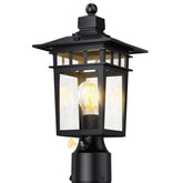 APOTO dusk-to-dawn post light enhances entryway visibility after dark.
