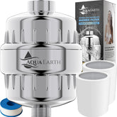 A Aqua Earth shower filter head shows water-softening action for healthier skin